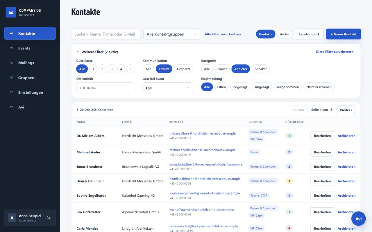Company OS: Kontaktliste mit Filtern, Gruppen und Güteklassen