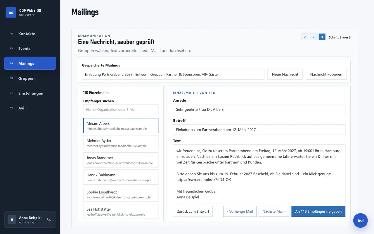 Company OS: Mailing-Freigabe mit Empfängerliste und Vorschau jeder Einzelmail